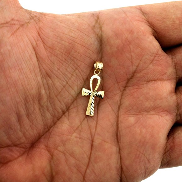 Real 10K Yellow Gold Diamond Cut  Ankh Cross Pendant - Picture 2 of 6